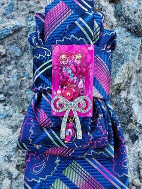 Statement Necktie Necklace with Handcrafted Brooch
